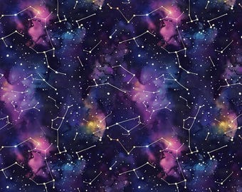 Dreamy Purple Galaxy Constellation Pattern Cotton Fabric - 100% Cotton - 55 inches wide - Sold by half yards - DIY Fabric