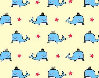 Cute Blue Whale Pattern Cotton Fabric - 100% Cotton - 55 inches wide - Sold by half yards - DIY Fabric
