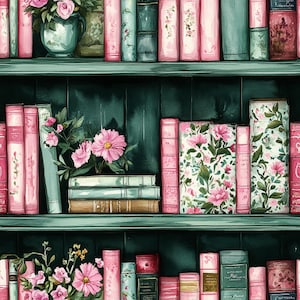 May include: A watercolour illustration of a bookshelf with books and floral arrangements. The books have pink and floral covers, with some in teal and green. Pink flowers are arranged in vases and on top of the books.