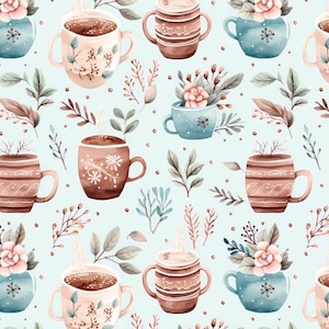 Winter Blumen Kaffee Muster Stoff - 100% Baumwolle - DIY Stoff - 135 cm breit