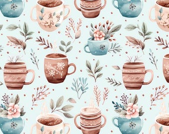 Tecido com estampa floral de inverno em tons de café - 100% algodão - 140 cm de largura - Vendido por meio metro - Tecido para projetos DIY