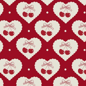 May include: A repeating pattern featuring cream-colored hearts with scalloped edges, each containing a pair of red cherries and a bow. The background is a solid red color, with small white dots interspersed throughout.