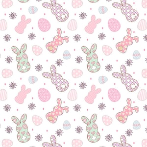 Peut inclure: Motif répétitif sur fond blanc avec des éléments de Pâques. Le motif comprend des lapins roses, verts et violets, décorés de cœurs et de motifs à carreaux. Des œufs de Pâques roses et bleus et de petites fleurs violettes complètent le design.