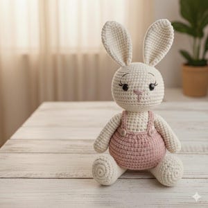 Può includere: Bambola coniglietto all'uncinetto fatta a mano con orecchie lunghe, occhi neri e naso rosa. Il coniglietto indossa una salopette rosa con due piccoli bottoni. La bambola è seduta su una superficie di legno bianco.