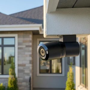 May include: A black cylindrical security camera mounted to the white exterior soffit of a house. The camera features a circular lens surrounded by a glossy black housing, positioned to monitor the area near the windows and stone wall exterior.