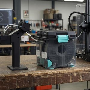 May include: A black 3D printer filament storage box with a clear plastic body and teal latches, connected by white tubing to a black mechanical filament guide arm, positioned next to a 3D printer assembly in a workshop environment.