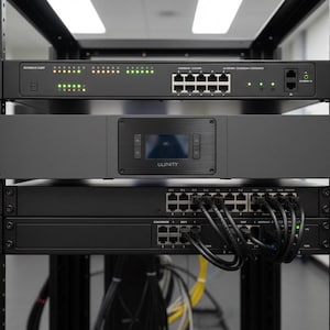 May include: A black server rack containing four mounted network devices. The top unit features green status lights and multiple ports. Below it, a central unit displays the Ulinity logo on a screen. Two lower network switches are connected with black cables.