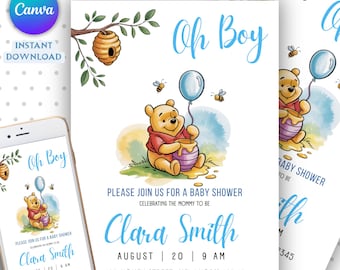 Editable Winnie The Pooh Baby Shower Invitation, Winnie Pooh Invitation, Oh Boy Pooh Invite, Blue Printable Template Instant Download