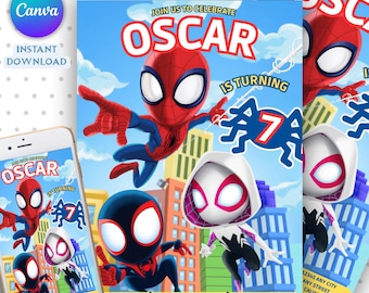 Invitación de cumpleaños de Spidey y sus increíbles amigos, plantilla de descarga digital, invitaciones de fiesta imprimibles editables de Spidey, invitación digital para niños