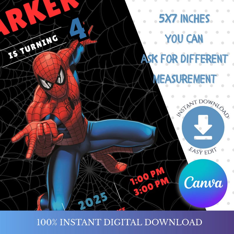 May include: Digital invitation featuring Spider-Man in a dynamic pose against a black web background. The design includes the text "Parker is turning 4" in red, with the size listed as 5x7 inches. The invitation is available for instant download.
