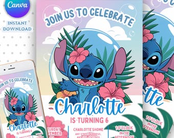 Editable Stitch Invitation, Custom Printable Stitch Party Invite Template, Stitch Birthday Invite, Digital Stitch Birthday Girl Canva Edit