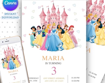 Invitación de cumpleaños de princesa en acuarela, invitación de princesa, invitación a fiesta de princesas, invitación de princesas niñas, pastel dorado, Canva editable