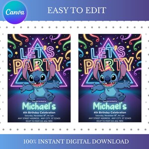 May include: A digital invitation featuring a blue cartoon character with large ears, wearing a party hat, and the words "LET'S PARTY" in neon. The invitation is for Michael's 4th birthday, with event details and RSVP information.
