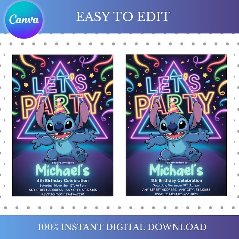 May include: A digital invitation featuring a blue cartoon character with large ears, wearing a party hat, and the words "LET'S PARTY" in neon. The invitation is for Michael's 4th birthday, with event details and RSVP information.