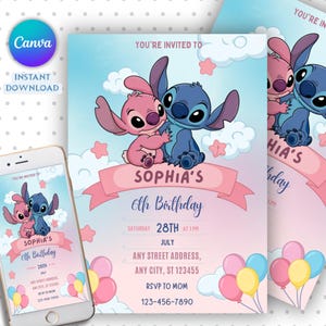 Stitch and Angel Birthday Invitation Editable, Printable Template Printable, Kids Birthday Party Invitations, Digital Kids Party Invite
