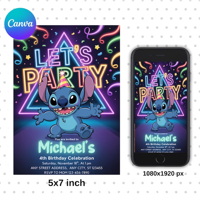 May include: A vibrant invitation for a 4th birthday celebration featuring a cartoon character, Stitch, with the text "LET'S PARTY". The invitation is 5x7 inches and includes event details. A digital version is also displayed on a smartphone.