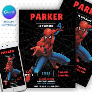 May include: A Spider-Man themed birthday invitation featuring the name "Parker" in red, with the number "4" in blue. The design includes a Spider-Man illustration, a spiderweb background, and event details.