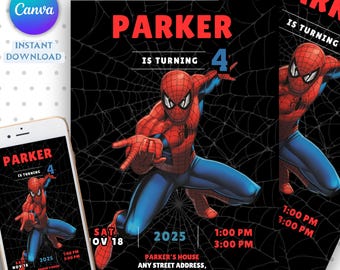 Invitación de cumpleaños de Spider-Man: plantilla editable e imprimible, divertida invitación para fiesta de Spider-Man, fácil de editar en Canva, descarga instantánea.