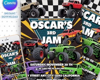 Monster Truck Birthday Invitation, Boom Crash, Canva Template, Boys Birthday Invite, Monster Truck Party, Watercolor Trucks Theme