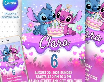 Bearbeitbare Stitch-Geburtstagsfeier-Einladungsvorlage, Stitch Birthday Pool-Party-Einladung, Stitch Bday evite, Cartoon-Geburtstagseinladung