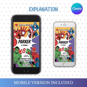 May include: Two smartphones displaying a superhero-themed birthday invitation. The invitation features Iron Man, Captain America, Spider-Man, and the Hulk. Text includes "Calling All Superheroes" and details for Parker's 8th birthday.