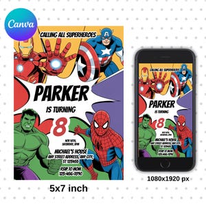 May include: A superhero-themed invitation with comic book style graphics. The design features Iron Man, Captain America, Hulk, and Spider-Man. The invitation is 5x7 inches and includes the text "Calling All Superheroes" and details for Parker's 8th birthday party.