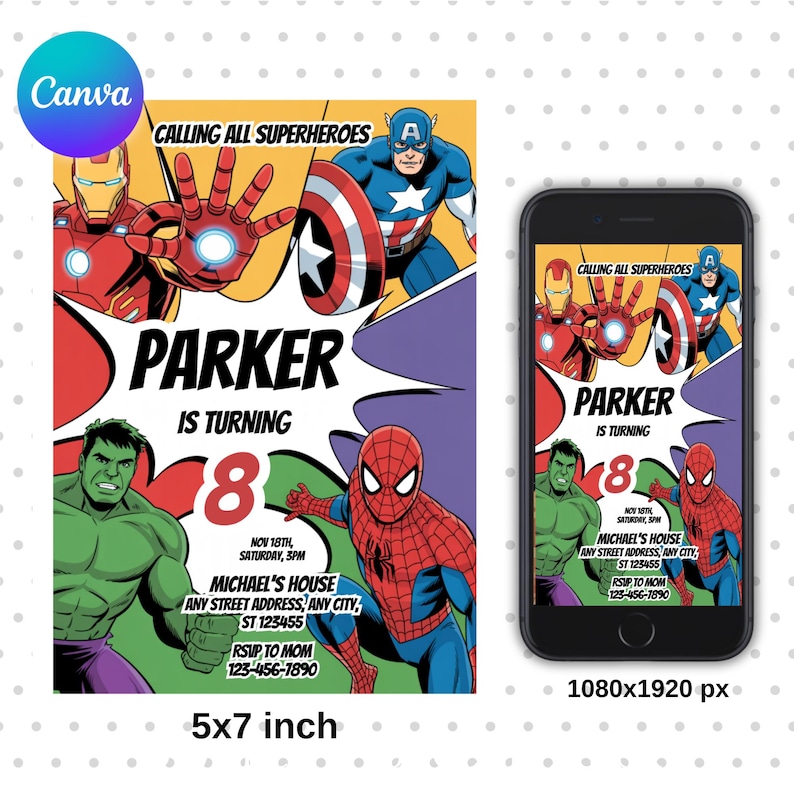 May include: A superhero-themed invitation with comic book style graphics. The design features Iron Man, Captain America, Hulk, and Spider-Man. The invitation is 5x7 inches and includes the text "Calling All Superheroes" and details for Parker's 8th birthday party.