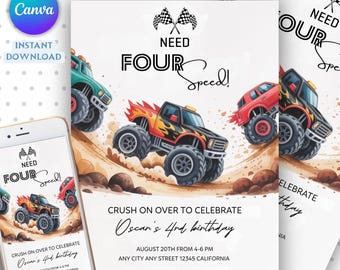 Monster Truck Birthday Invitation, Editable Monster Truck Birthday Invitation Template For Boys, Trucks Birthday Invite Monster Truck Invite