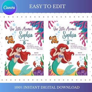 May include: Two digital invitations featuring a mermaid theme. Each invitation includes the text "Our Little Mermaid Sophia is turning 5" with event details. The design incorporates a mermaid illustration, coral, fish, and a crab. The invitations are labeled "EASY TO EDIT" and "100% INSTANT DIGITAL DOWNLOAD."