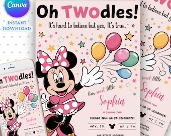 Bearbeitbare Oh TWOdles Geburtstagseinladung Digital 2.Geburtstag Süße Maus Zweiter Geburtstag einladen Oh Twodles Einladung Boho Minnie Einladen