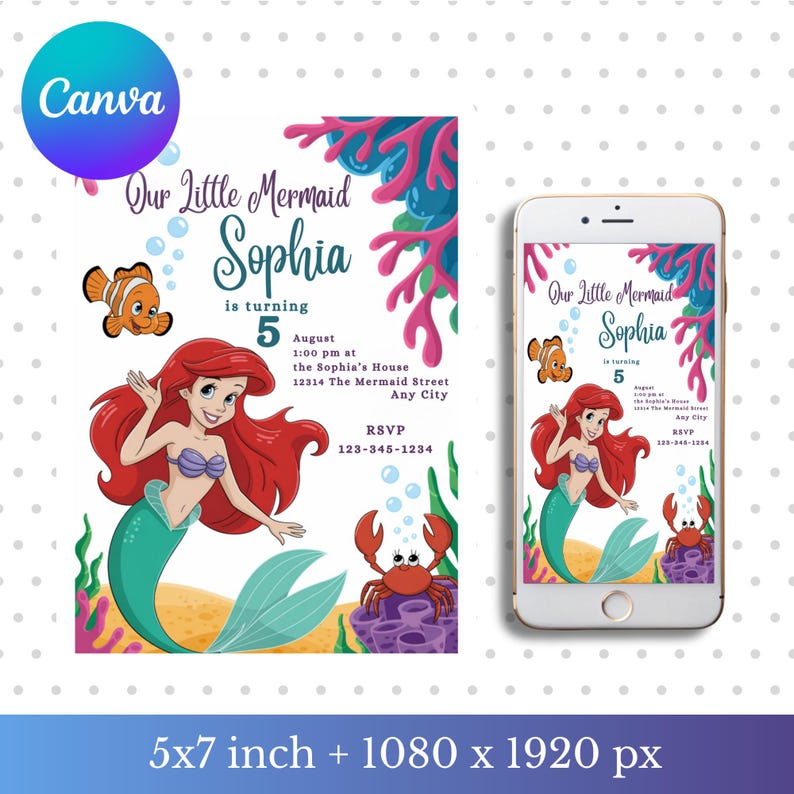 May include: A birthday invitation featuring a mermaid theme. The design includes a cartoon mermaid with red hair and a teal tail, a clownfish, and a crab. The invitation is 5x7 inches and includes the text "Our Little Mermaid Sophia is turning 5."