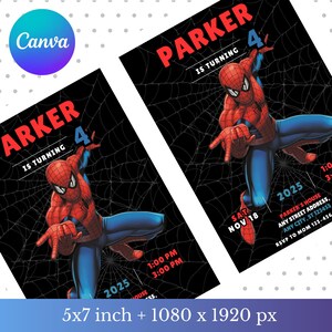 May include: Two invitations featuring Spider-Man in a dynamic pose against a black web background. The invitations read "PARKER IS TURNING 4" in red text. The dimensions are 5x7 inches.