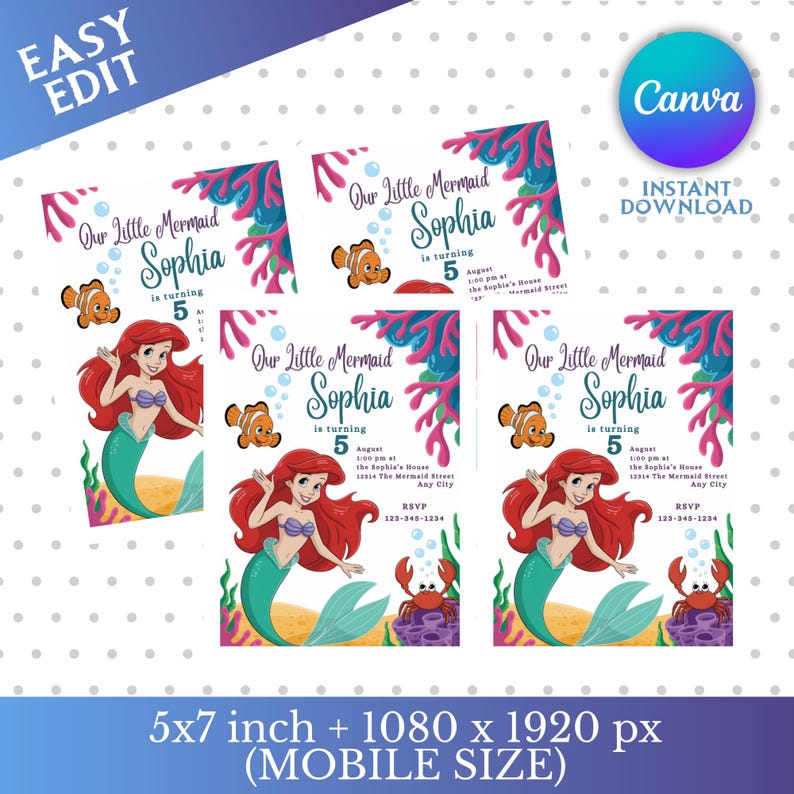 May include: A set of mermaid-themed birthday party invitations. Each invitation features a red-haired mermaid, a clownfish, and the text "Our Little Mermaid Sophia is turning 5." The invitations are 5x7 inches.