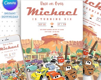 Cars Birthday Party Invitation, Lightning Mcqueen Birthday, Cars Party Invite, Second Birthday Party Invitation, Two Fast, 2, Canva Editable