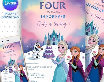 Frozen Birthday Invitation, Elsa Winter Party Editable Canva Template