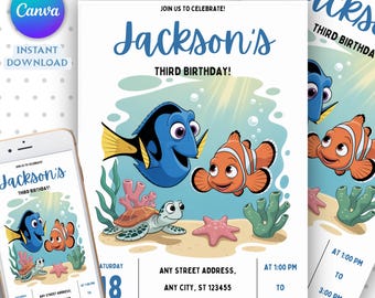 Finding Nemo Invitation Birthday Party Finding Nemo Birthday Invitation Finding Dory Editable Invitation Digital Printable Card
