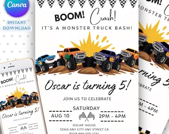 Monster Truck Invite, Editable Monster Truck Birthday Invitation Template For Boys, Trucks Birthday Invite, Monster Truck Invitation