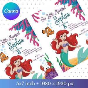 May include: Two mermaid-themed birthday party invitations. Each invitation features a cartoon mermaid with red hair, a purple top, and a green tail. The invitations include the text "Our Little Mermaid Sophia is turning 5" and event details.
