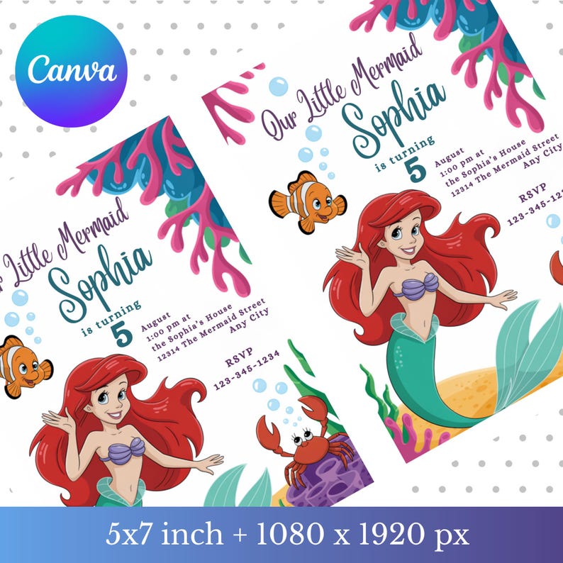 May include: Two mermaid-themed birthday party invitations. Each invitation features a cartoon mermaid with red hair, a purple top, and a green tail. The invitations include the text "Our Little Mermaid Sophia is turning 5" and event details.
