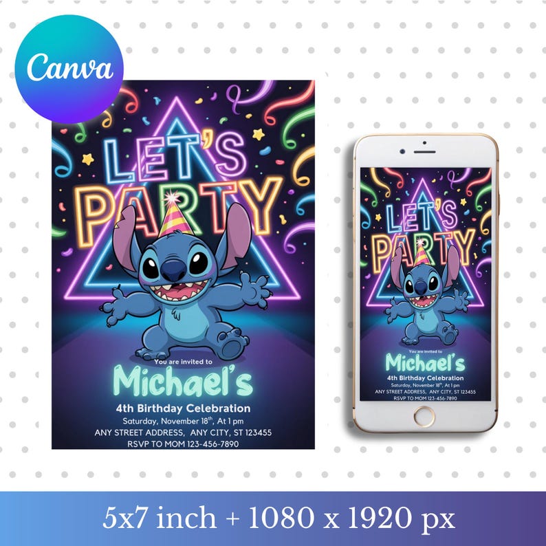 May include: A birthday party invitation featuring a blue cartoon character with the text "LET'S PARTY" in neon colors. The invitation includes the name "Michael's" and party details. A smartphone displays the same design.
