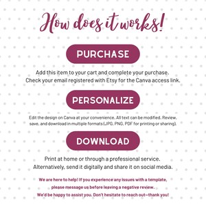 May include: A graphic with the text "How does it works!" and instructions for purchasing, personalizing, and downloading a template. The steps are outlined in burgundy ovals with white text, set against a dotted background.