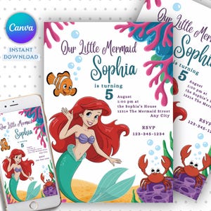 May include: A birthday party invitation featuring a cartoon mermaid with red hair, a teal tail, and a purple seashell bra. The invitation includes the text "Our Little Mermaid Sophia is turning 5" with event details and RSVP information.
