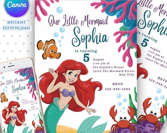 Plantilla de invitación de La Sirenita Ariel, invitación de La Sirenita Ariel, invitación editable de cumpleaños de La Sirenita Ariel