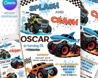 Monster Truck Birthday Invitation, Digital Hot Monster Truck Rally Car off-road Wheels Birthday Invite, Boy Personalized Canva Template