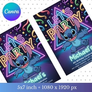 May include: Two party invitations featuring a blue cartoon character with large ears and a party hat. The invitations have the text "LET'S PARTY" in neon-style lettering, with the name "Michael's" and party details. The Canva logo is in the upper left corner.