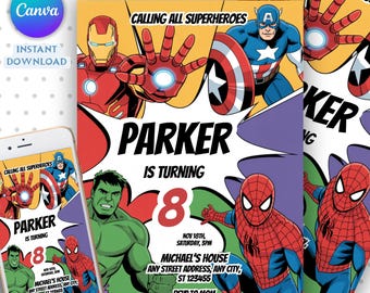 Avengers Party Editable Superheroes Birthday Invitation Template, Printable Superheroes Birthday Party Invitation Kids, Canva template