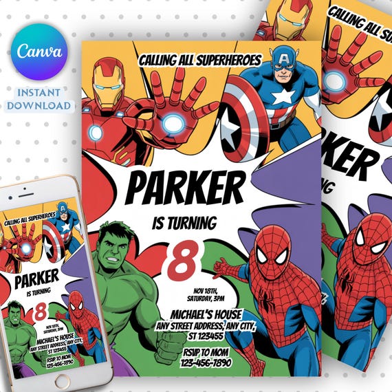 Avengers Party Editable Superheroes Birthday Invitation Template, Printable Superheroes Birthday Party Invitation Kids, Canva template