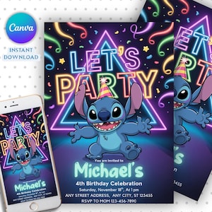 May include: A birthday party invitation featuring a cartoon character, Stitch, with the text "LET'S PARTY" in neon colors. The invitation includes details for Michael's 4th birthday celebration, with a matching phone display.