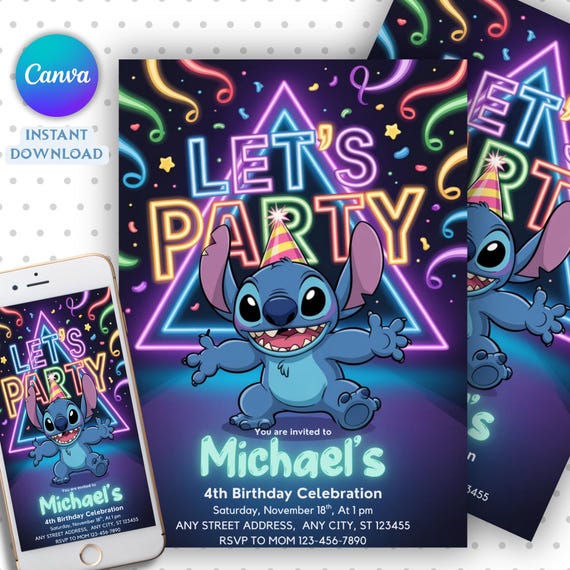 Stitch and Angel Birthday Invitation, Editable Stitch Birthday Invitation, Digital Party Invite, Stitch Birthday Party Invitation Printable
