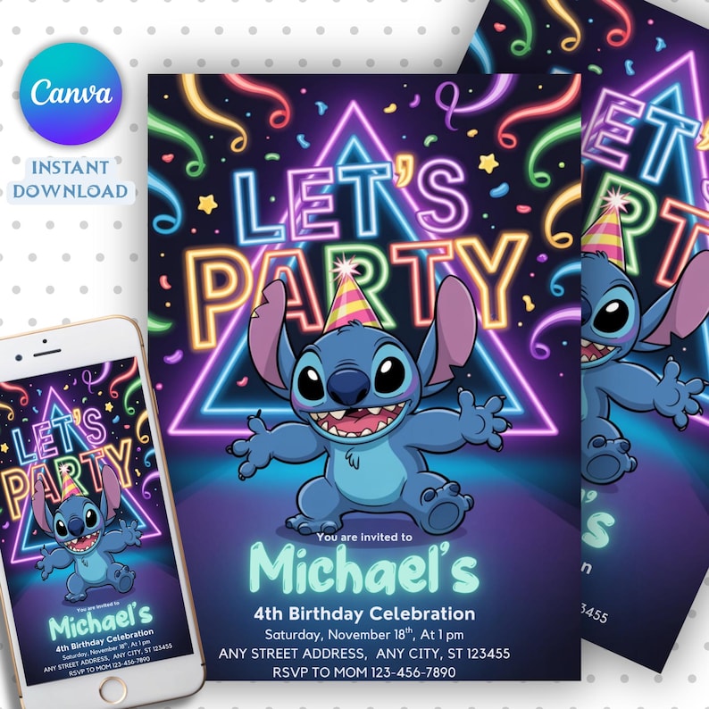 May include: A birthday party invitation featuring a cartoon character, Stitch, with the text "LET'S PARTY" in neon colors. The invitation includes details for Michael's 4th birthday celebration, with a matching phone display.